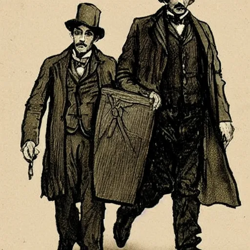 Image similar to Sherlock Holmes carrying Dr Watson on his back, in the style of Sidney Paget