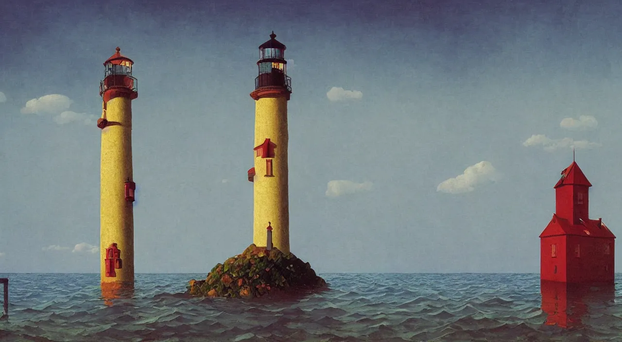 Prompt: single flooded! simple wooden ancient lighthouse, very coherent and colorful high contrast!! masterpiece by rene magritte simon stalenhag carl spitzweg syd mead norman rockwell edward hopper james gilleard, minimalist, dark shadows, sunny day, hard lighting