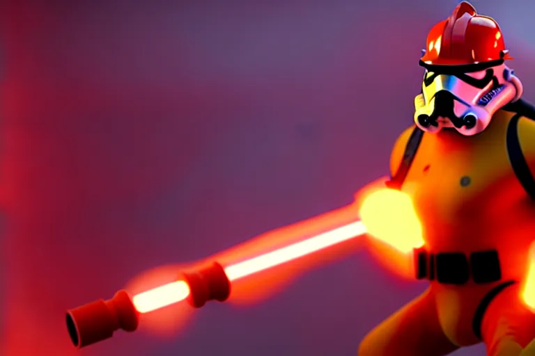 Image similar to heroic firefighter, screenshot in a typical disney infinity 3 star wars style, artstation, volumetric lighting, subsurface scattering, octane render, by josh black