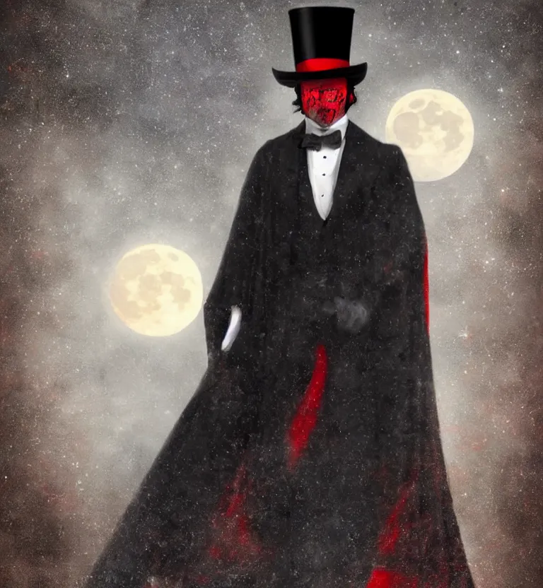 Image similar to a mysterious man in a cemetery on a full moon night wearing a top hat that hides!! his face and a beautiful black and red cape while holding a poseidon trident, digital art. digital painting, moonlight, detailed.