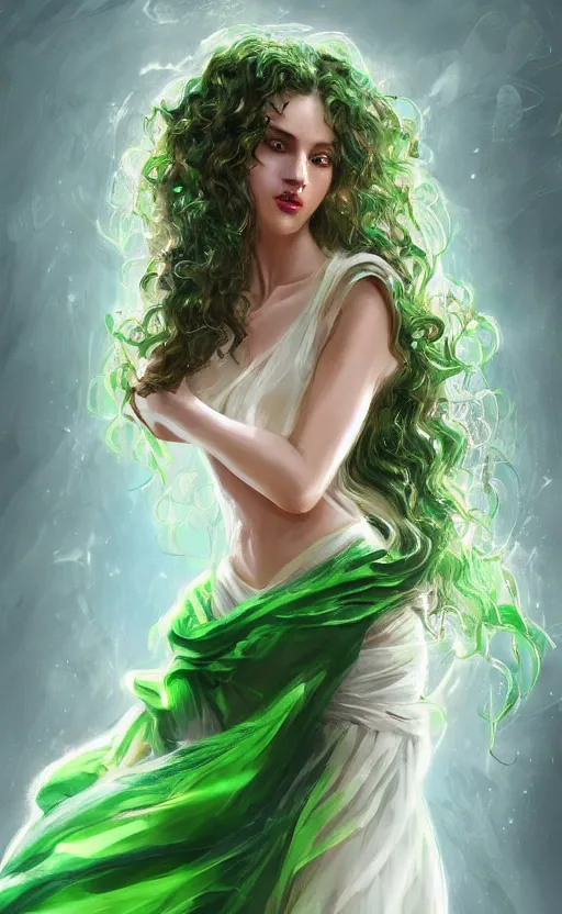 Image similar to a young woman with wild, curly hair and bright green eyes. she's wearing a flowing dress made of light, airy fabric and she has a mischievous look on her face, dynamic lighting, photorealistic fantasy concept art, trending on art station, stunning visuals, creative, cinematic, ultra detailed