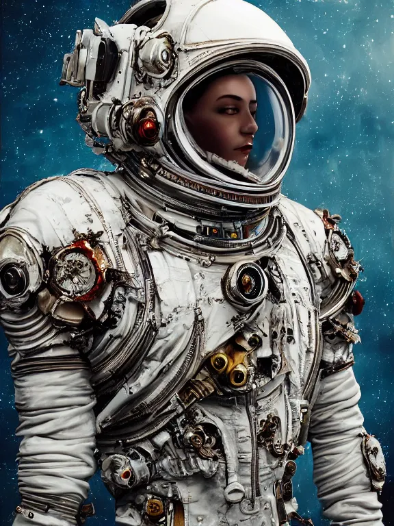 Image similar to portrait art of 8k ultra realistic undead retro futurism astronaut ,detailed white suit, intricate ornate armour,decaying, cybernetic, full of colour, cinematic lighting, battered, trending on artstation, 4k, hyperrealistic, focused, extreme details,unreal engine 5, cinematic, masterpiece, art by ayami kojima, giger