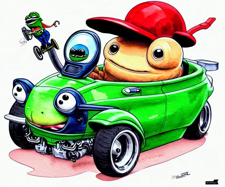 Image similar to cute and funny, pepe wearing a helmet riding in a tiny hot rod tesla with oversized engine, ratfink style by ed roth, centered award winning watercolor pen illustration, isometric illustration by chihiro iwasaki, edited by range murata, details by artgerm