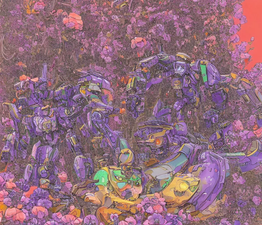 Prompt: a battle mech war in a mystical field of flowers, detailed line drawing, intricate, hd, digital art, complementing colors, detailed, illustration painting by alex gray, digital art, moebius