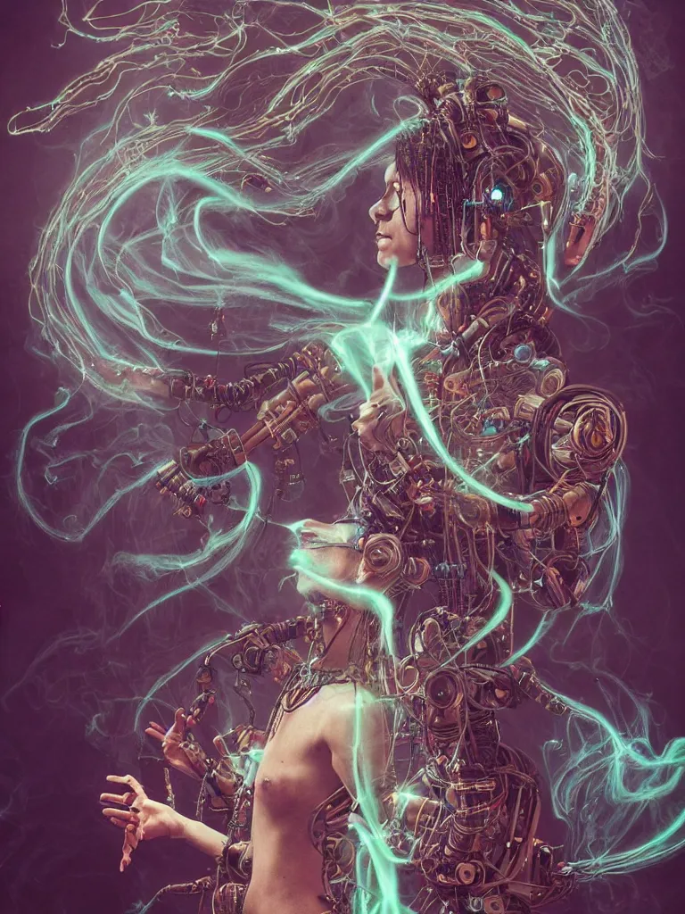 Image similar to an ancient mystical alluring female shaman generating flowing energy and surrounded by wisps of incense smoke meditating in a cybernetic robot temple , face face face