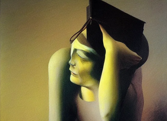 Image similar to woman with a paper bag over the head Edward Hopper and James Gilleard, Zdzislaw Beksinski, highly detailed