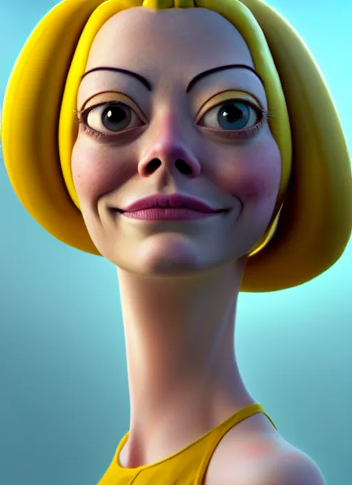 Image similar to anthropomorphic portrait of emma stone as a banana, au naturel, hyper detailed, digital art, trending in artstation, cinematic lighting, studio quality, smooth render, unreal engine 5 rendered, octane rendered, art style by klimt and nixeu and ian sprigger and wlop and krenz cushart and pixar and riot and adventuretime