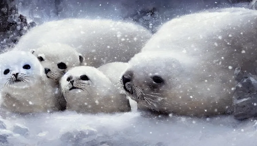 Image similar to highly detailed painting of cute furry white baby seals cuddled up inside snowy fantasy ice crystal cavern by william turner, by greg rutkowski, by william constable, thick brush strokes and visible paint layers, 4 k resolution
