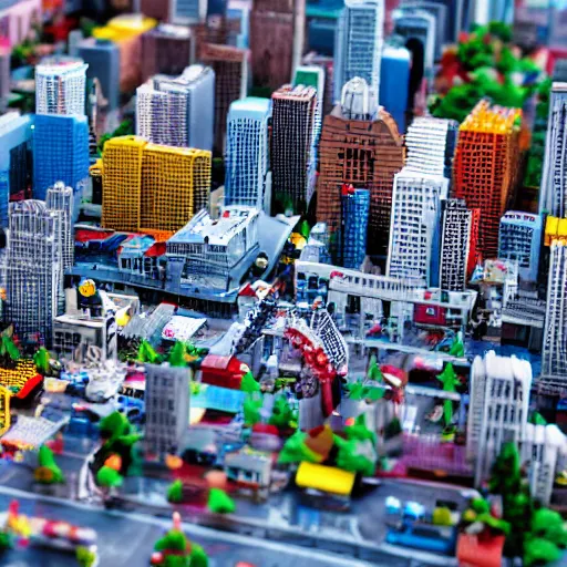 Prompt: a large scale city made of legos, 3 5 mm, shallow depth of field, diorama, 4 k