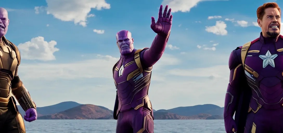 Prompt: a very high resolution image from a new movie. thanos waving at tony stark while capitan america watches on a lake, photorealistic, photography, directed by wes anderson