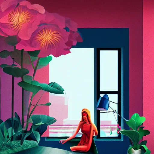 Image similar to giant flower as head, woman next to modern windows, luxury apartment, surreal photography, dramatic light, impressionist painting, digital painting, artstation, james gilleard