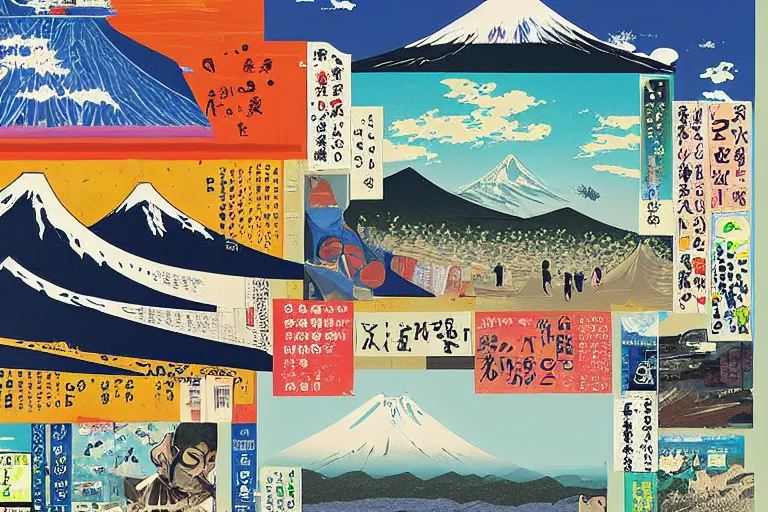 Prompt: award winning graphic design poster, photograph, manga and newspaper cutouts of a variety of images of japan travel, natural landscape beauty, tastes, crafts and more, constructing an assemblage of mount fuji a large sweeping ocean wave, photocollage painting by National Geographic, Alex Yanes, David Hockney