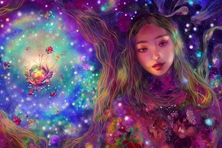 Prompt: yoni, yoni art, psychedelic, whimsical, 4k, beautiful, a crystal and flower, reflective pool, surrounded by gems, underneath the stars, rainbow fireflies, trending on patreon, deviantart, twitter, artstation, volumetric lighting, heavy contrast, art style of Greg Rutkowski and Miho Hirano and Ross Tran