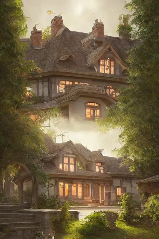 Image similar to happy cottagecore Ariana Grande with her happy family home, countryside villa, intricate, fancy, highly detailed, digital painting, artstation, concept art, smooth, sharp, focus, illustration, art by artgerm and greg rutkowski