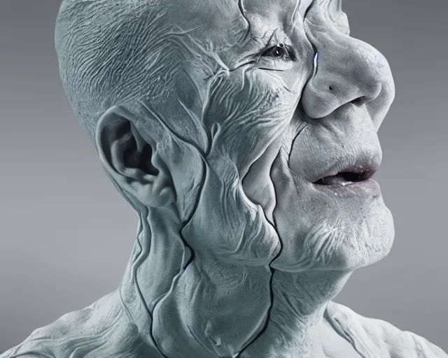 Prompt: a massive porcelain sculpture of a surreal distorted human face on the ocean water, in the style of johnson tsang, cinematic, hyper - realistic, very detailed, realistic water splashes, ray tracing, 8 k resolution, long - shot, sharp focus, low angle, 8 5 mm photograph, wide lens