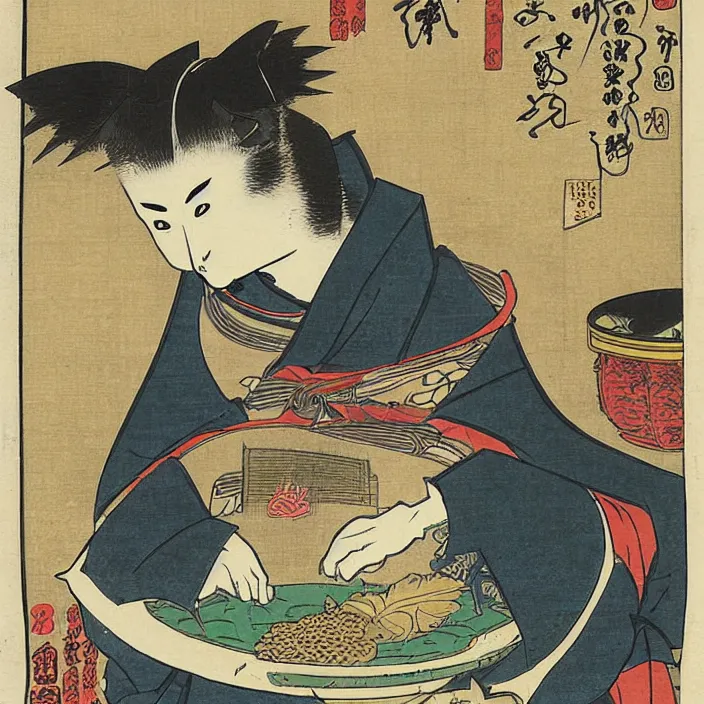 Prompt: comic book artwork of a shiba inu samurai eating a bowl of rice by Utagawa Kuniyoshi