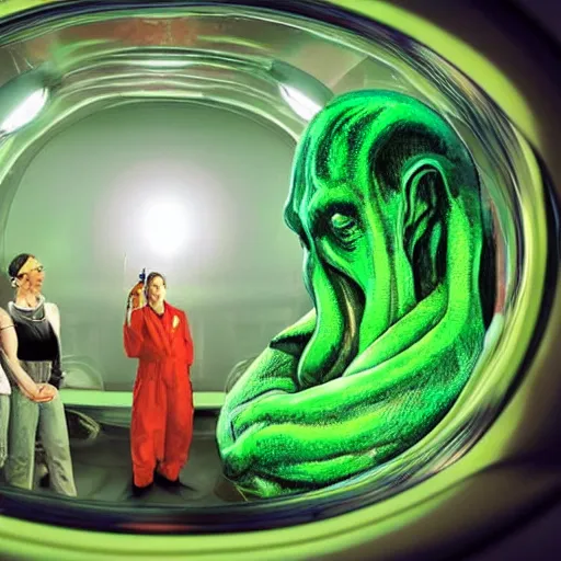 Prompt: scientists watching a clone of cthulhu in culture capsule, bio chemical, hyperealistic, detailed photography, divinity, awful, sci - fi, green light