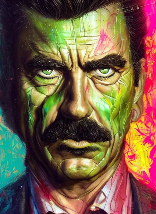 Image similar to a demon slayer portrait of tom selleck, tall, pale - skinned, slender with lime green eyes and long eyelashes by stanley artgerm, tom bagshaw, arthur adams, carne griffiths, trending on deviant art, street art, face enhance, chillwave, maximalist, full of color, glittering