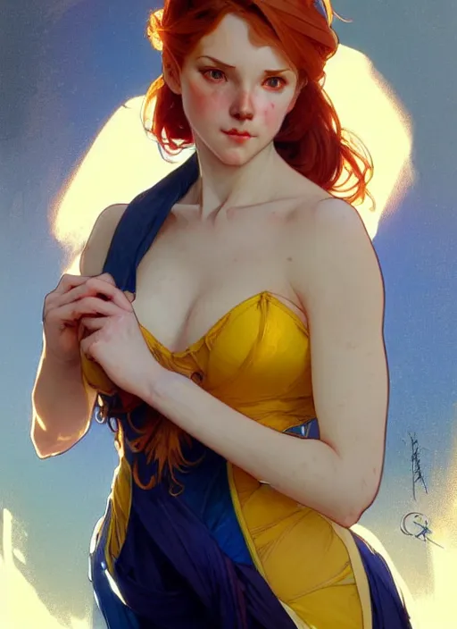 Prompt: digital character concept art by artgerm and greg rutkowski and alphonse mucha. clear portrait of a pin - up young wife, redhead, blue and yellow clothes, shabby, defiant, light effect, 8 k, hyper detailed, intricate, elegant, digital painting, artstation, smooth, sharp focus