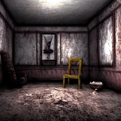 Image similar to room of a dark mansion, objects from ritual in the ground, realistic, highly detailed, background of silent hill game