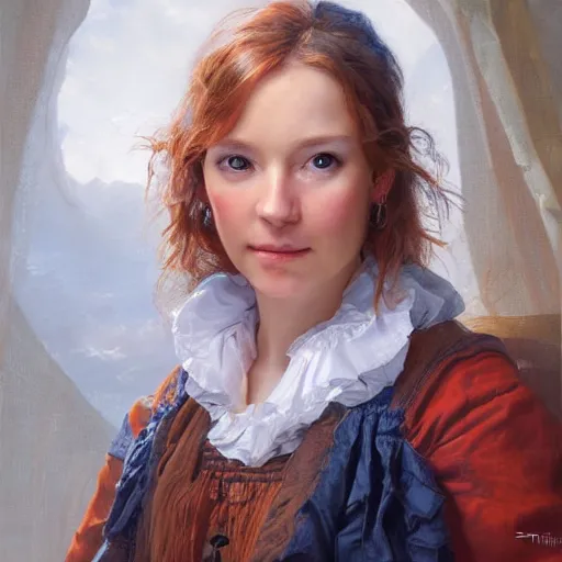 Image similar to portrait of a dutch woman ( 3 1 ) from the netherlands in 2 0 2 1, an oil painting by ross tran and thomas kincade