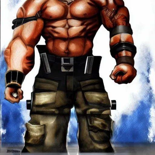 Prompt: anime portrait of dwayne johnson as barret with machine gun arm from final fantasy 7