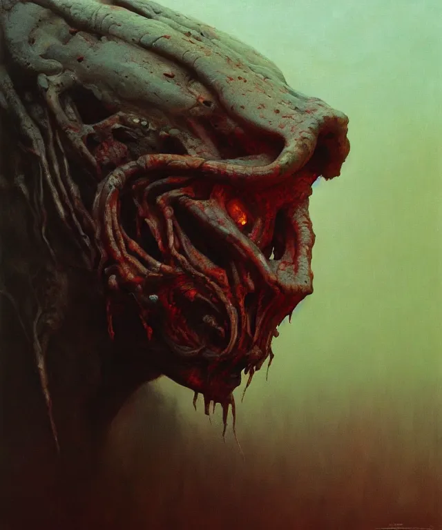 Prompt: a portrait of the predator, oil on canvas, deep depth field, masterpiece, by zdzisław beksinski, trending on artstation, featured on pixiv, cinematic composition, hyper - detailed, hd, hdr, 4 k, 8 k