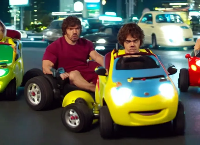 Image similar to peter dinklage racing vin diesel driving a little tikes cozy coupe cars at night tokyo, movie still, from the new fast and furious movie, 8 k, realistic