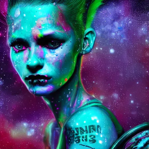 Image similar to splashes of neon galaxies, mowhawk, punk women portrait made out of paint, trending on artstation, epic composition, emotional, beautiful, rendered in octane, highly detailed, realistic, tim burton comic book art, sharp focus, unreal engine