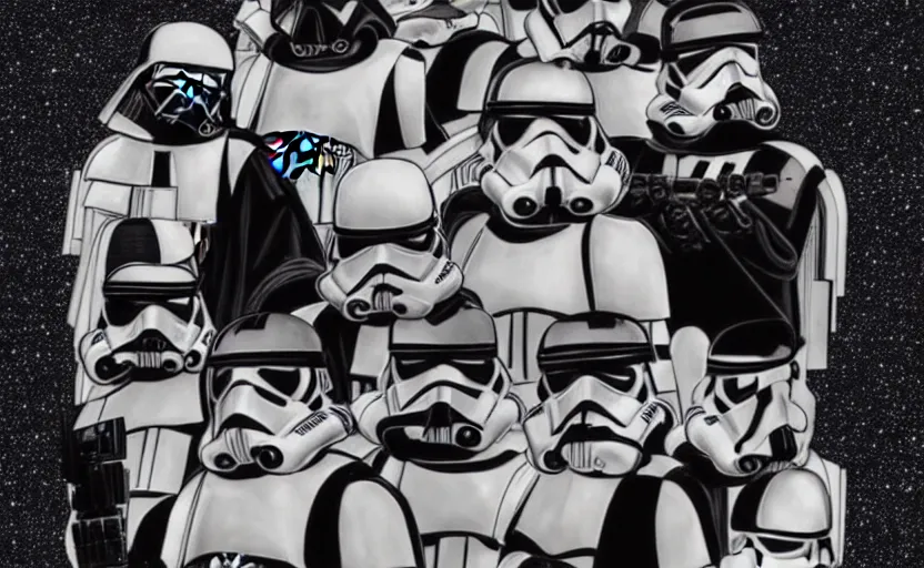 Image similar to darth vader on the death star surrounded by storm troopers and tie fighters, in the style of studio ghibli