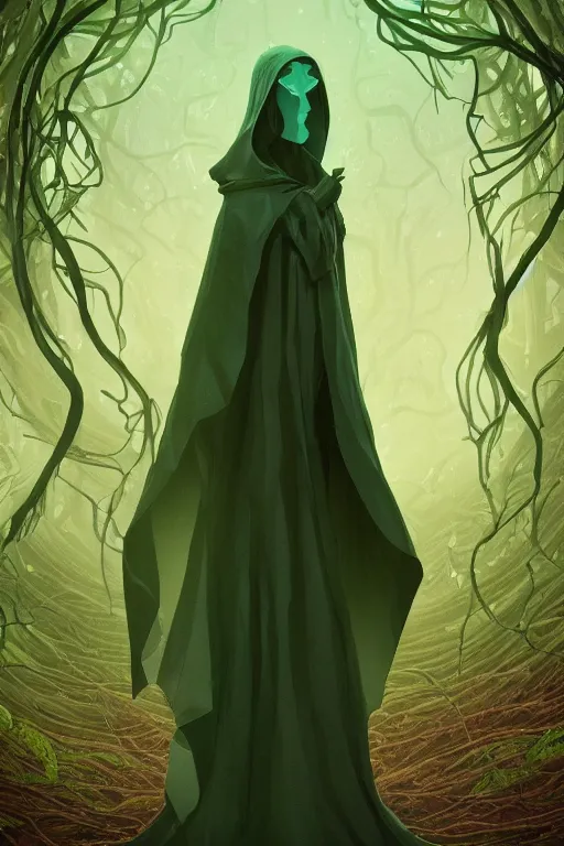 Prompt: A full body portrait of a ghost like character with no face, glowing eyes and a very long hooded dark green cloak made of leaves and vines, forest spirits flying in the background art by Shaddy Safadi and Jason Chan, ominous, cosmic horror, trending on artstation, Ultra detailed, hyper realistic 4k