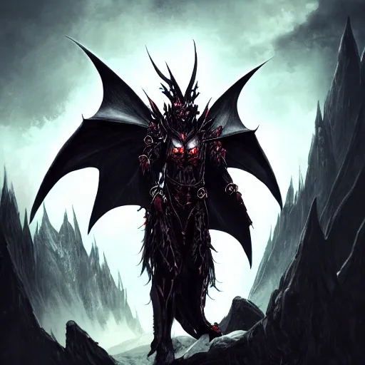 Image similar to dark fantasy concept of a vampire dragon god, with dark matter and molten armor on a mountain, cinematic, dynamic lighting, photorealistic, ultra detailed, trending on art station, stunning visuals, creative, hyper detailed