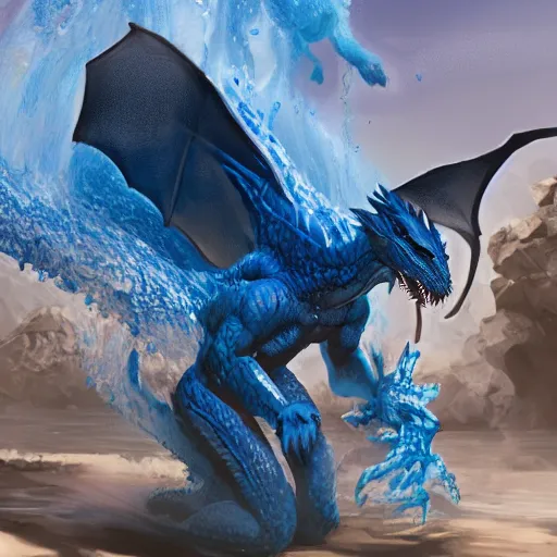 Prompt: man getting hit by a small wave of blue goo, transforming him into an antropromorphic dragon, digital art, concept art, trending on artstation, gooey, very detailed, 8 k hd, d & d