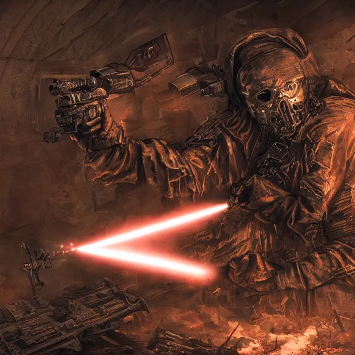 Image similar to gritty hooded apocalyptic man firing laser - rifle in destroyed airport, hyper - detailed, smooth, sharp focus, 4 k ultra hd, fantasy dark art, apocalyptic art