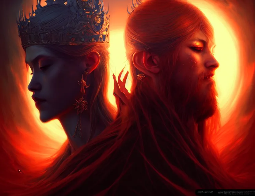 Image similar to the king of light faces the queen of darkness, a beautiful digital painting by wlop, volumetric light, intricate details, ultrarealistic, by art germ, by gerald brom, fantasypunk, deep colors, amazing d & d art, yin and yang theme, trending cgsociety, artstation, sharp, amazing wallpaper