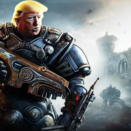 Image similar to Photo portrait of Donald Trump as Crusader!! in Gears of War, splash art, movie still, detailed face, photorealistic facial features, cinematic lighting, dramatic, octane render, long lens, shallow depth of field, bokeh, anamorphic lens flare, 8k, hyper detailed, 35mm film grain