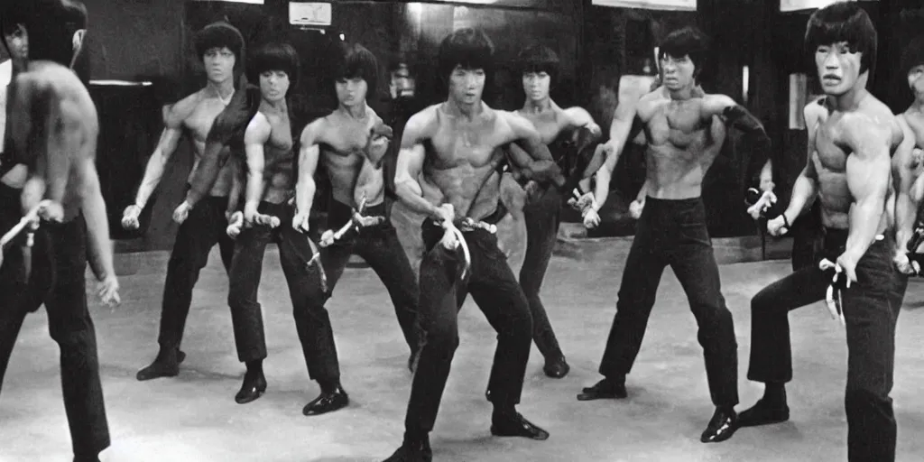 Prompt: bruce lee holding his nunchucks in a hall of mirrors, hyperreal, in the style of enter the dragon