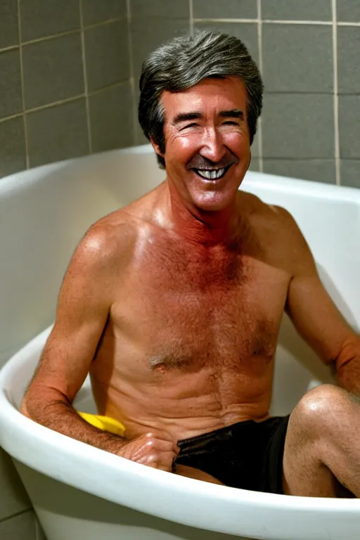 Image similar to randy mantooth laughing and sitting inside a bathtub filled with yellow water