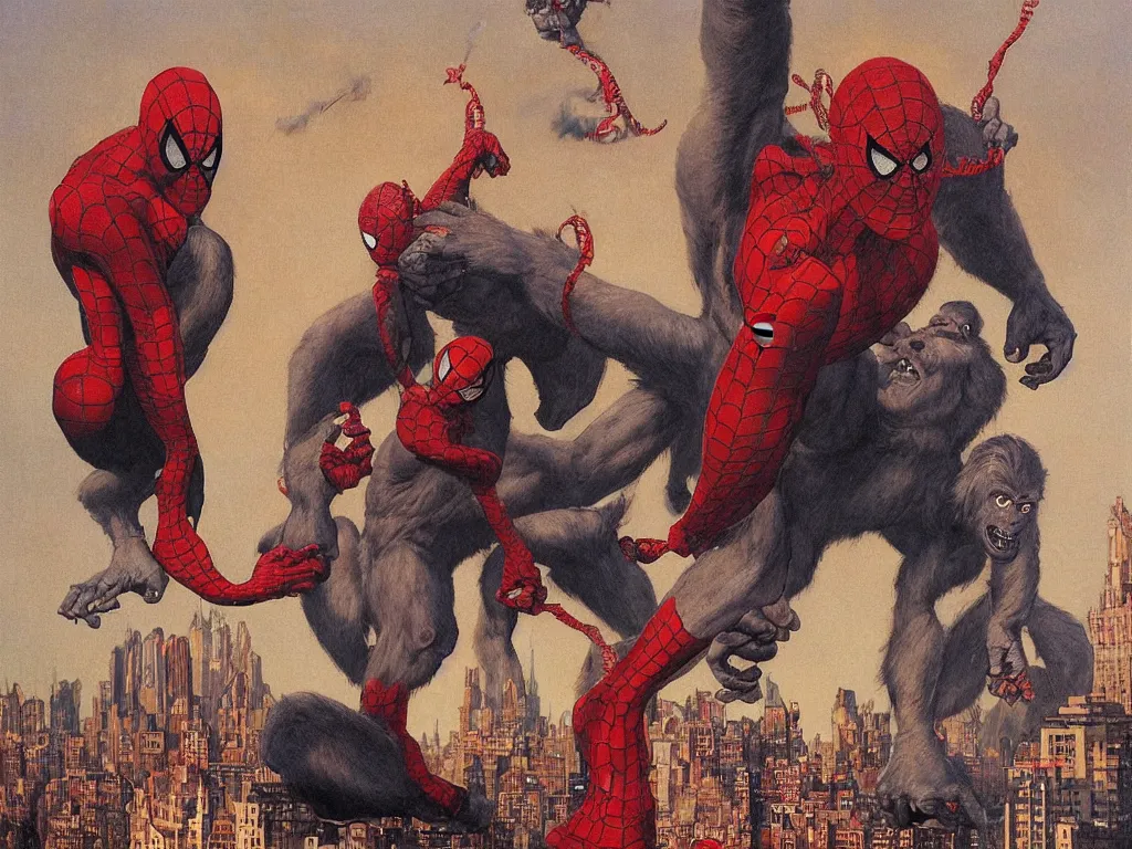 Image similar to Medium shot of a typical character in the style of Alex Horley-Orlandelli An king Kong rage on street marvelous detailed portrait of a winged red cashmere sock sock sock with a halo standing above new york city. norman rockwell heorhiy narbut jessie wilcox smith beatrix potter joseph leyendecker acrylic paintin Spiderman goes to a rave party and drink himself drunk, Spiderman drinks Viking Fjord vodka straight from the bottle, Spiderman in the moshpit, Realistic, HDR, HD, Real Event, 8Kg