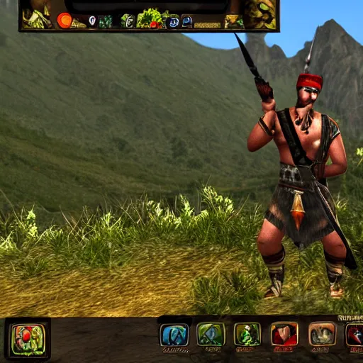 Prompt: metin 2 warrior hiking in the mountains