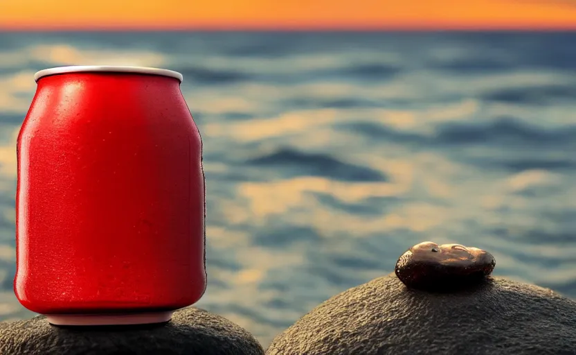 Image similar to a cubic cup of coca-cola with small gas bubbles on a rock near the sea at sunset, anime style, 8k hdr, hyperrealistic, highly detailed, high quality, high coherence, godrays, complementary colours, turbulent sea, path tracing, breathtaking landscape, cinematic lighting, concept art, trending on Artstation