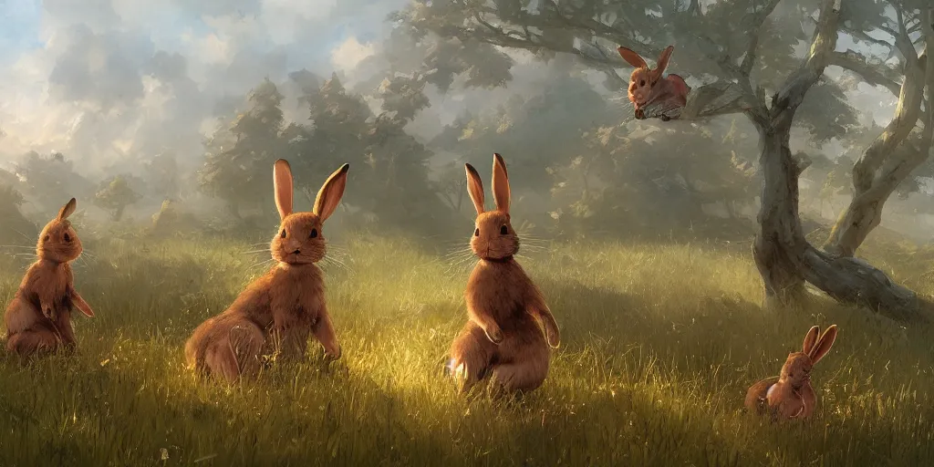 Prompt: a bunch of cute rabbit, clear skies, marc simonetti and caspar david friedrich, trending on artstation