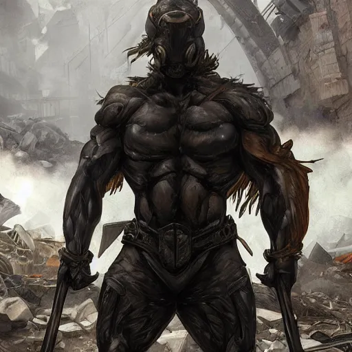 Image similar to splash art of a muscular black - coated anthropomorphic horse character wearing tactical kevlar fabric standing in rubble, long white mane visible, exaggerated muscles, highly detailed, furry, furaffinity, digital painting, artstation, sharp focus, illustration, art by artgerm, greg rutkowski, alphonse mucha