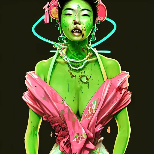 Image similar to clear portrait of japanese zombie geisha with neon green acid leaking from side of her mouth, background hyper detailed, character concept, full body, dynamic pose, glowing lights, intricate, elegant, highly detailed, digital painting, artstation, concept art, smooth, sharp focus, illustration, art by artgerm and greg rutkowski and alphonse mucha
