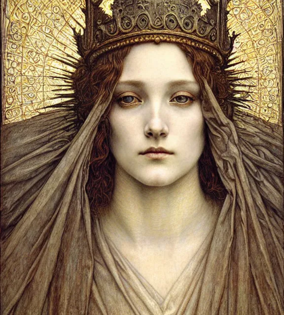 Image similar to detailed realistic beautiful young medieval queen face portrait by jean delville, gustave dore and marco mazzoni, art nouveau, symbolist, visionary, gothic, pre - raphaelite. horizontal symmetry