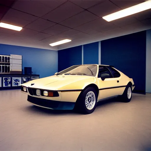 Image similar to 1979 BMW M1, inside of an auto dealership, ektachrome photograph, volumetric lighting, f8 aperture, cinematic Eastman 5384 film