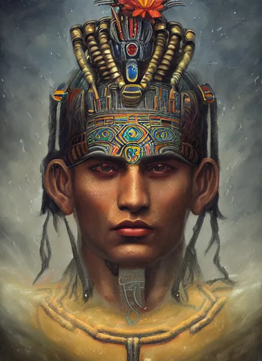 Image similar to portrait of tlaloc the aztec god of rain and thunder, by bogdan rezunenko and denys tsiperko and tom bagshaw