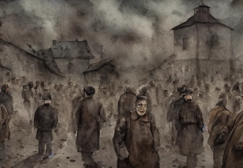 Image similar to jewish prisoners in auschwitz, dark fantasy, watercolor, dreaming illusion, highly detailed, 4 k, trending on artstation, award - winning