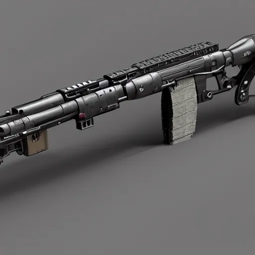 Image similar to extremely detailed side view of a sci fi rifle, chemically propelled, railgun, bullpup, with tubes and wiring, ultra quality, realistic, octane render