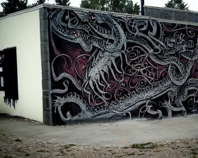 Prompt: a wall that has some lovecraftian graffiti on it inspired by wretched dragon rib cage.